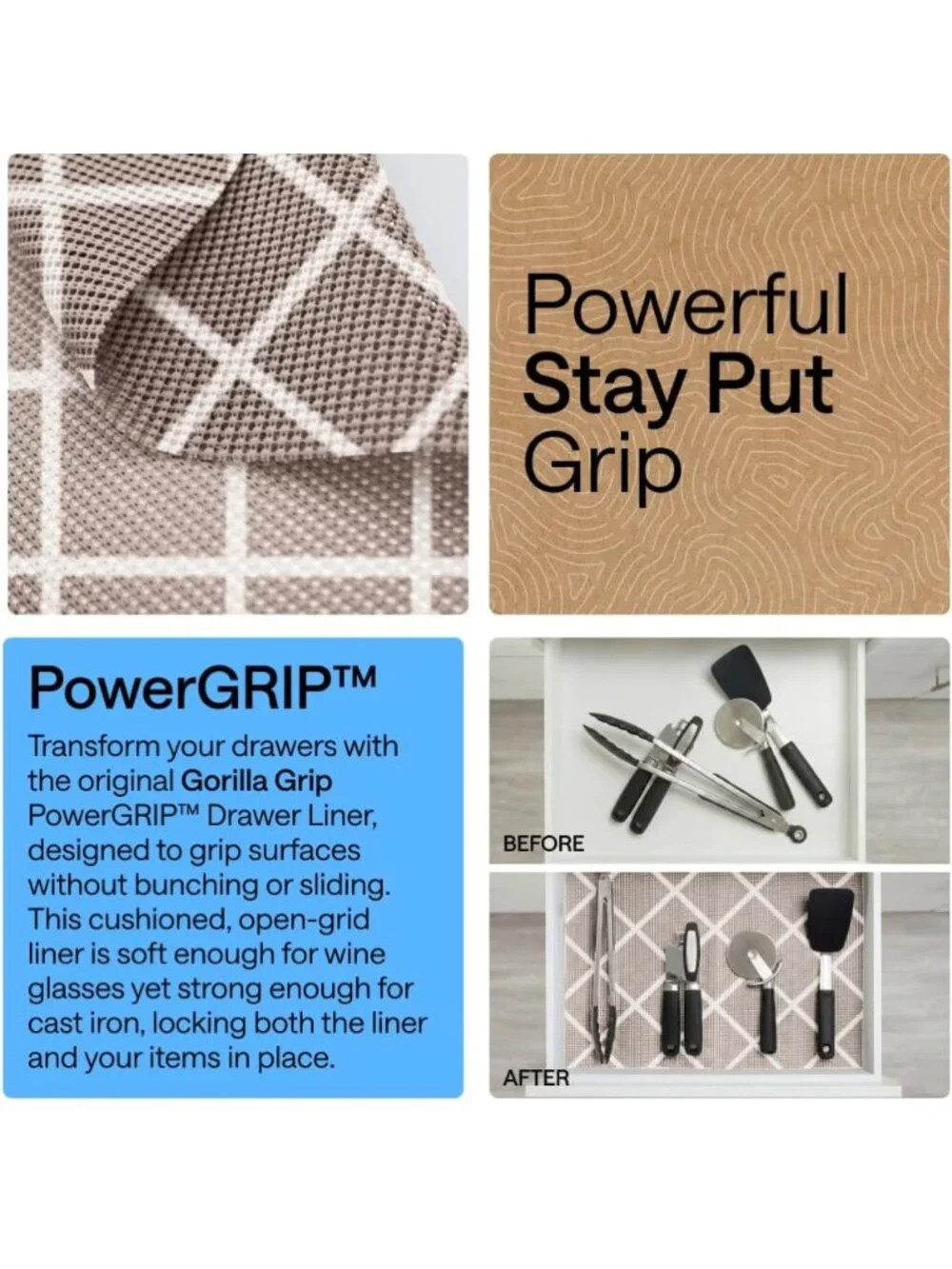 GORILLA GRIP powerGRIP Drawer Shelf and Cabinet Liner-NWT